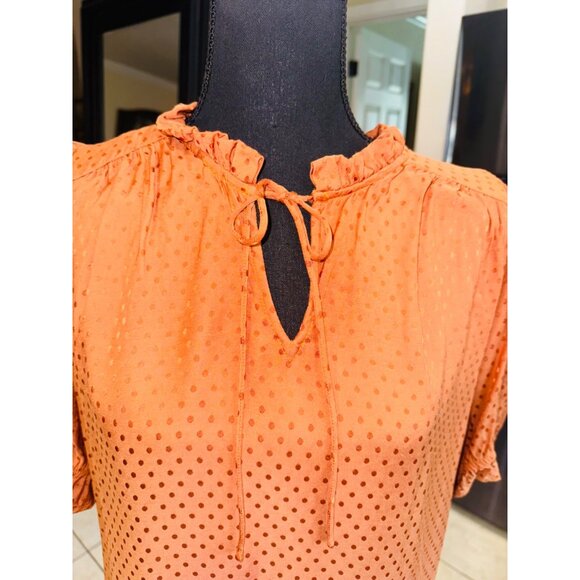 Draper James RSVP Orange Polka Dot Blouse Tie Neck Smocked Sleeves L Office SIre - Picture 5 of 13